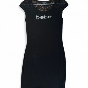 bebe Black Lace-Sleeve Rhinestone Logo Bodycon Dress